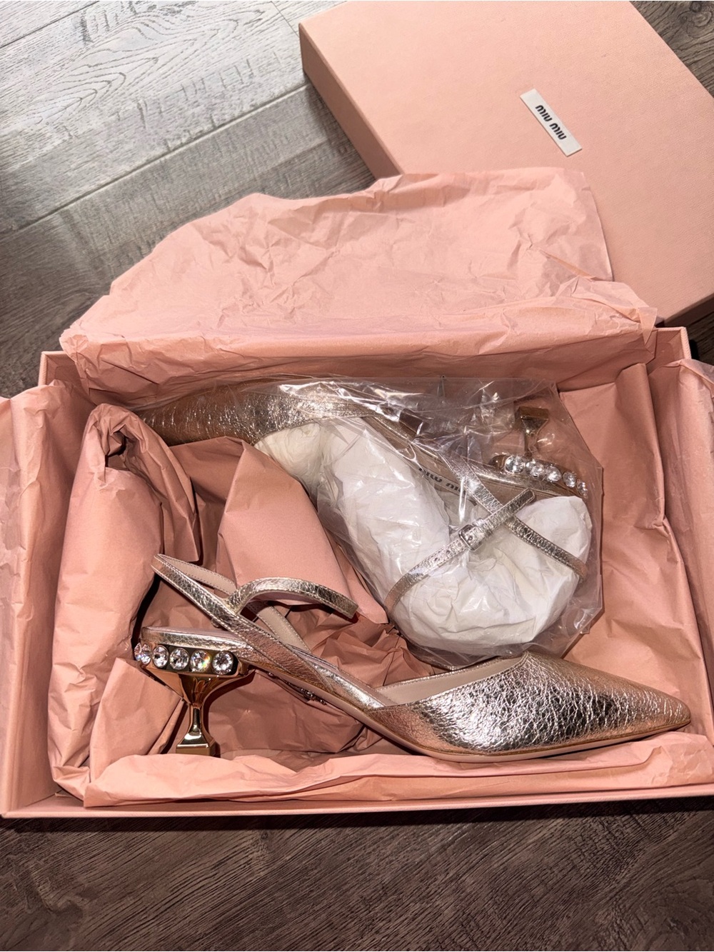 NWT Miu Miu Slingback Pump Pointed Toe Diamonds & Gold Heel